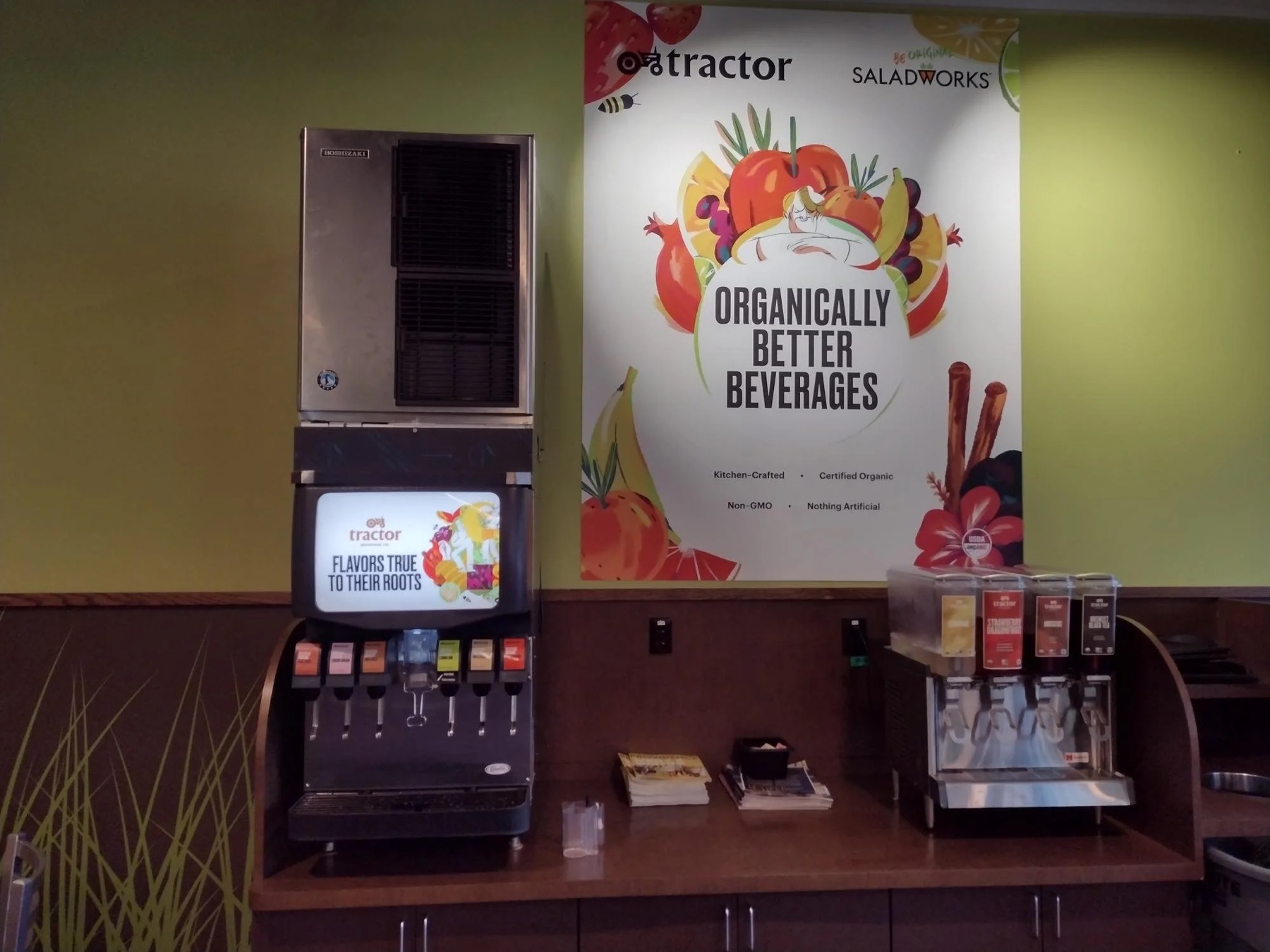 Saladworks organic beverage station with fountain, ice machine, and tea dispensers